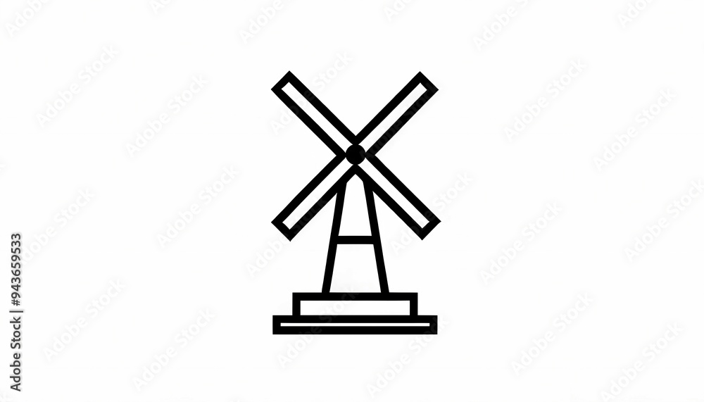 Black minimalist icon of a windmill with simple geometric lines on a pure white background, energy, renewable, wind, power, symbol turbine, environmental, sustainability, farm, windpower Black minimalist icon of a windmill with simple geometric lines on a pure white background, energy, renewable, wind, power, symbol turbine, environmental, sustainability, farm, windpower