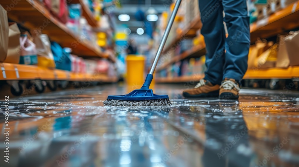 A person is sweeping a wet floor in a store