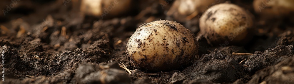 Potato freshly dug from the ground, with soil and roots still attached, Earthy, Warm, Detailed Potato freshly dug from the ground, with soil and roots still attached, Earthy, Warm, Detailed