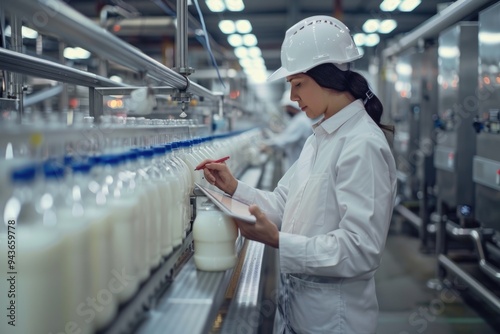 Worker inspects milk production line with tablet in dairy factory.