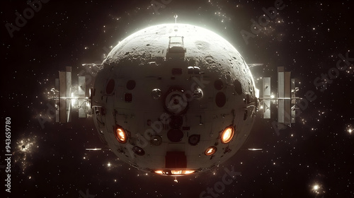 A futuristic spaceship with...
