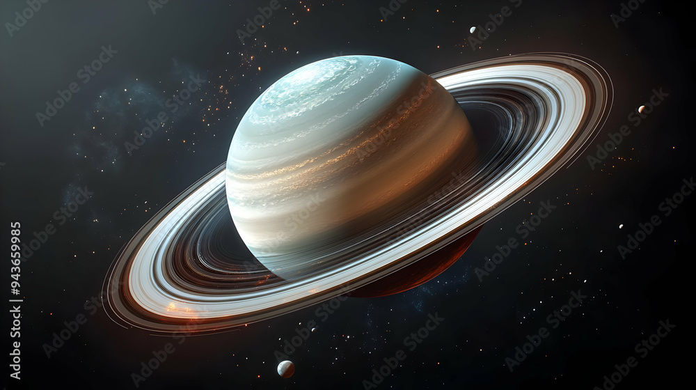 A gas giant planet with a prominent ring system in space, surrounded by stars.