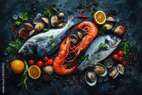 Fresh fish & seafood with herbs & veggies healthy cooking.