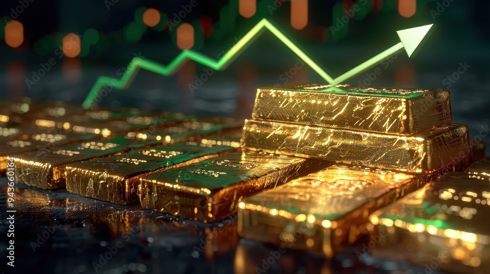 Obraz premium A stack of gold bars with a green arrow pointing upwards