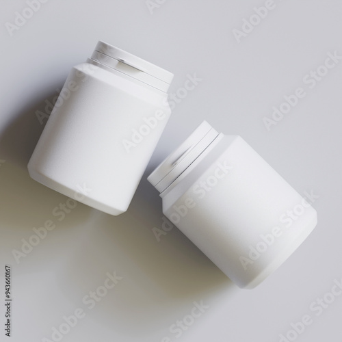 Plastic bottle white color, throat, capsule, pills isolated on gray background. 3D rendering illustration  photo