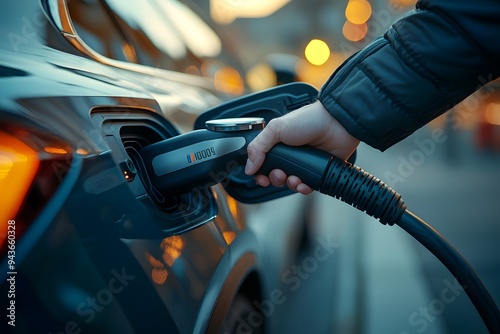 A person plugs in an electric vehicle at a charging station during the early evening in a city environment for a sustainable commute photo