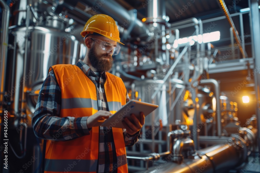 Operator controls milk beer production with tablet in factory. Quality food industry. Operator controls milk beer production with tablet in factory. Quality food industry.
