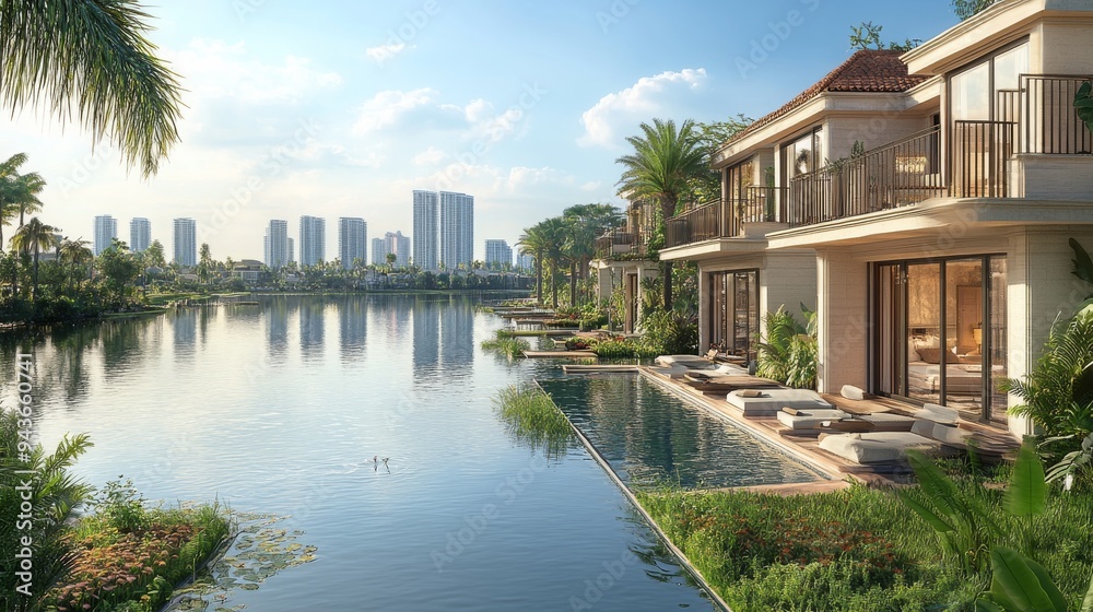 Obraz premium Modern residences line a serene waterway, showcasing sustainable architecture in a vibrant urban setting.
