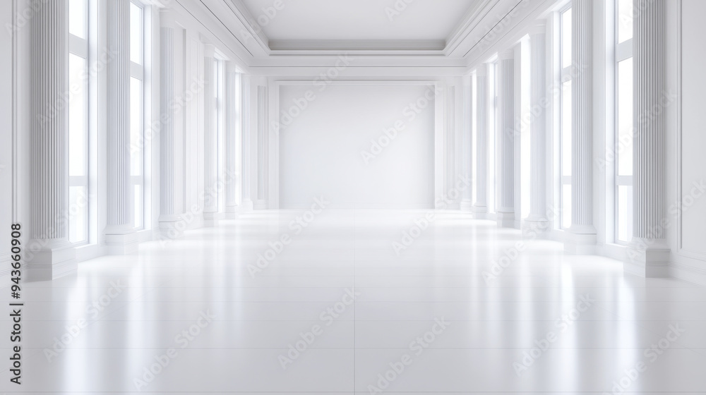 Fototapeta premium Bright and spacious hall with white walls and large windows, perfect for events or creative spaces.
