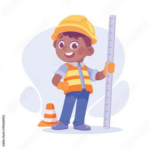 Boy Builder in Hard Hat with Instrument as Child Profession Vector Illustration