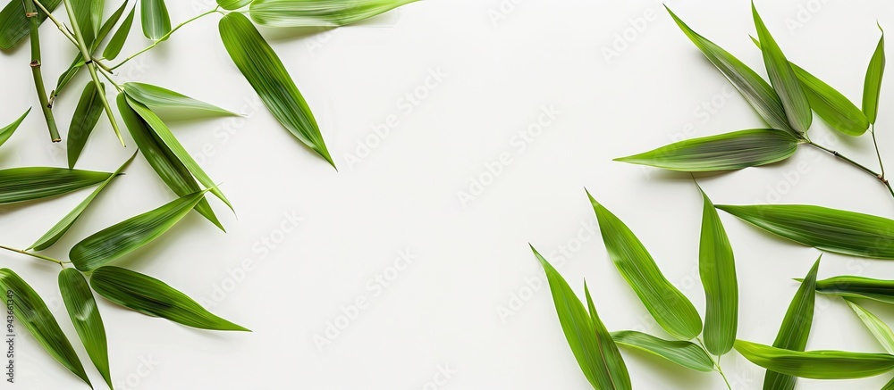 Fototapeta premium Bamboo leaves set against a white background. with copy space image. Place for adding text or design