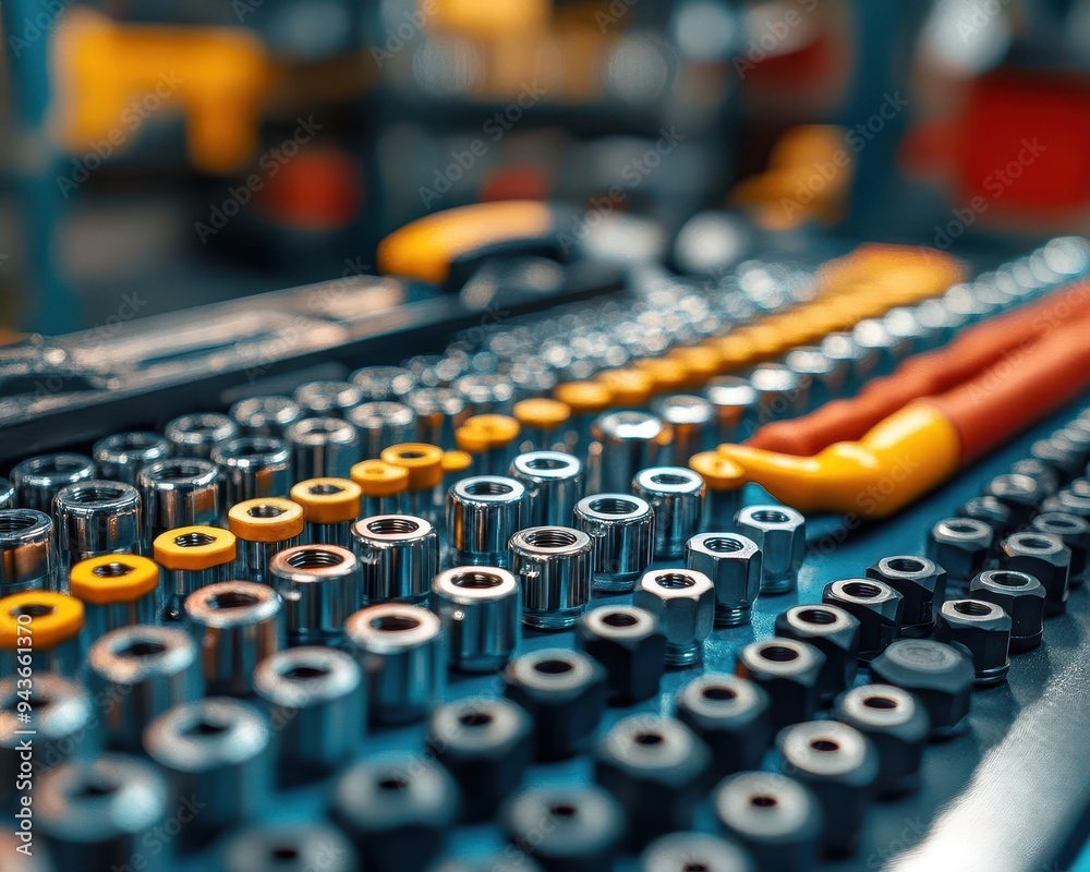 Fototapeta premium Socket set laid out on a workbench, with tools ready for use, Organized, Bright, Detailed