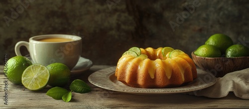 Homemade key lime mini bundt cakes filled with lime and lemon curd on a ceramic plate accompanied by a cup of coffee and a bowl of curd resting on an aged wooden surface. with copy space image