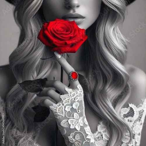 Fotografia artística em preto e branco com destaque para uma rosa vermelha de uma linda mulher.