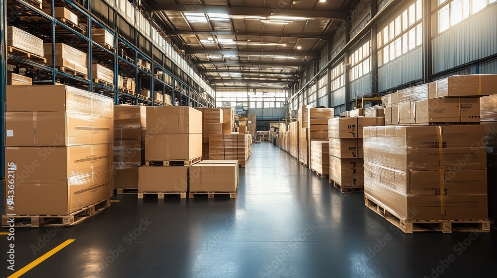 Warehouse Storage with Stacked Cardboard Boxes and Shelving. Modern warehouse interior featuring rows of shelves filled with stacked cardboard boxes, representing efficient logistics operations. Warehouse Storage with Stacked Cardboard Boxes and Shelving. Modern warehouse interior featuring rows of shelves filled with stacked cardboard boxes, representing efficient logistics operations.