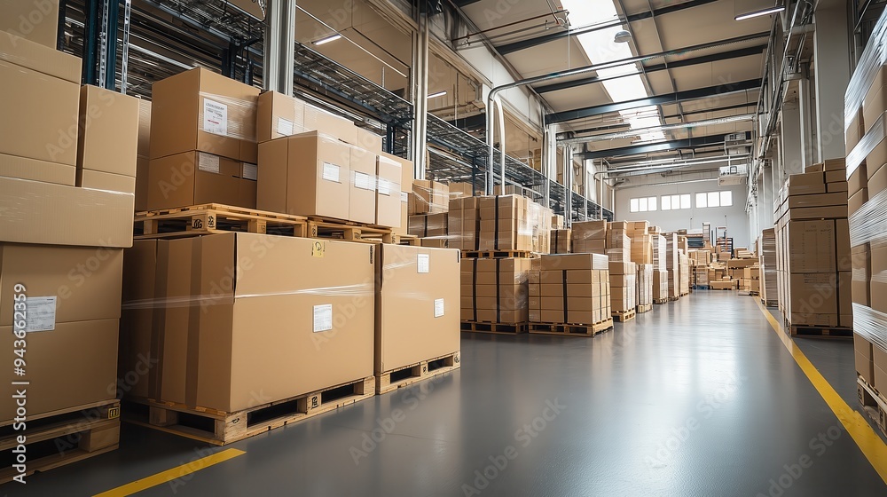 Spacious Warehouse with Palletized Cardboard Boxes. Bright and spacious warehouse filled with palletized cardboard boxes, optimized for storage and distribution. Spacious Warehouse with Palletized Cardboard Boxes. Bright and spacious warehouse filled with palletized cardboard boxes, optimized for storage and distribution.