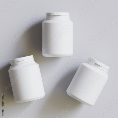 Plastic bottle white color, throat, capsule, pills isolated on gray background. 3D rendering illustration  photo