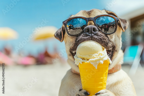 Cute cool dog puppy with ice cream summer leisure funny conceptual image
 photo