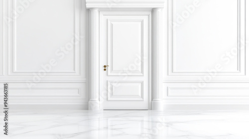 Elegant white door in a minimalist interior, showcasing smooth walls and pristine marble flooring, perfect for modern design concepts.