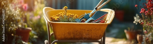 Wheelbarrow filled with garden tools, ready for a day s work, Practical, Bright, Detailed photo