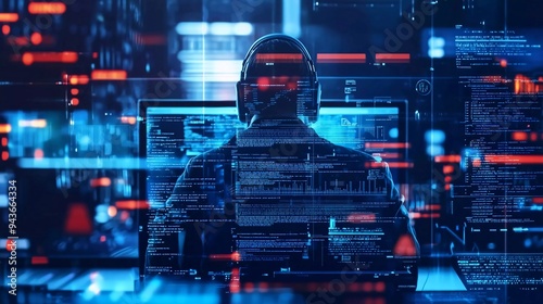 Fraud or scam background. Abstract hacker behind the monitor hologram with programmer code. Cybercriminal icons on a bright background