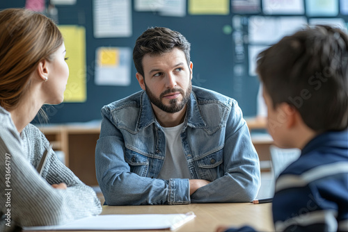 Teacher having meeting with parent of schoolboy
 photo