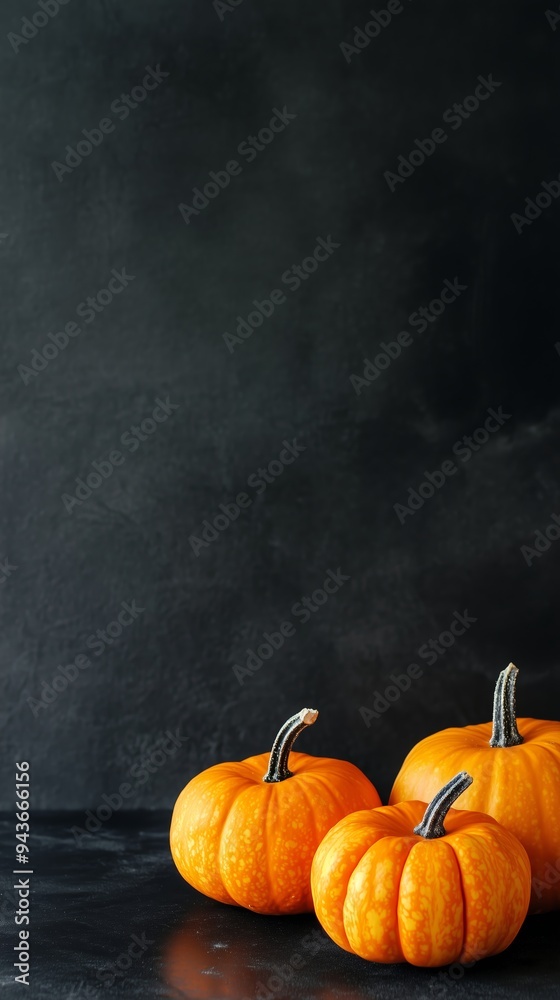 Three vibrant orange pumpkins on a dark background in a cozy autumn setting, creating a festive atmosphere for fall celebrations Three vibrant orange pumpkins on a dark background in a cozy autumn setting, creating a festive atmosphere for fall celebrations