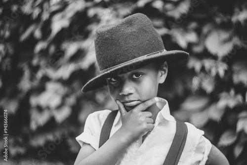 boy dressed in 20s style holding his chin looking seriously at camera