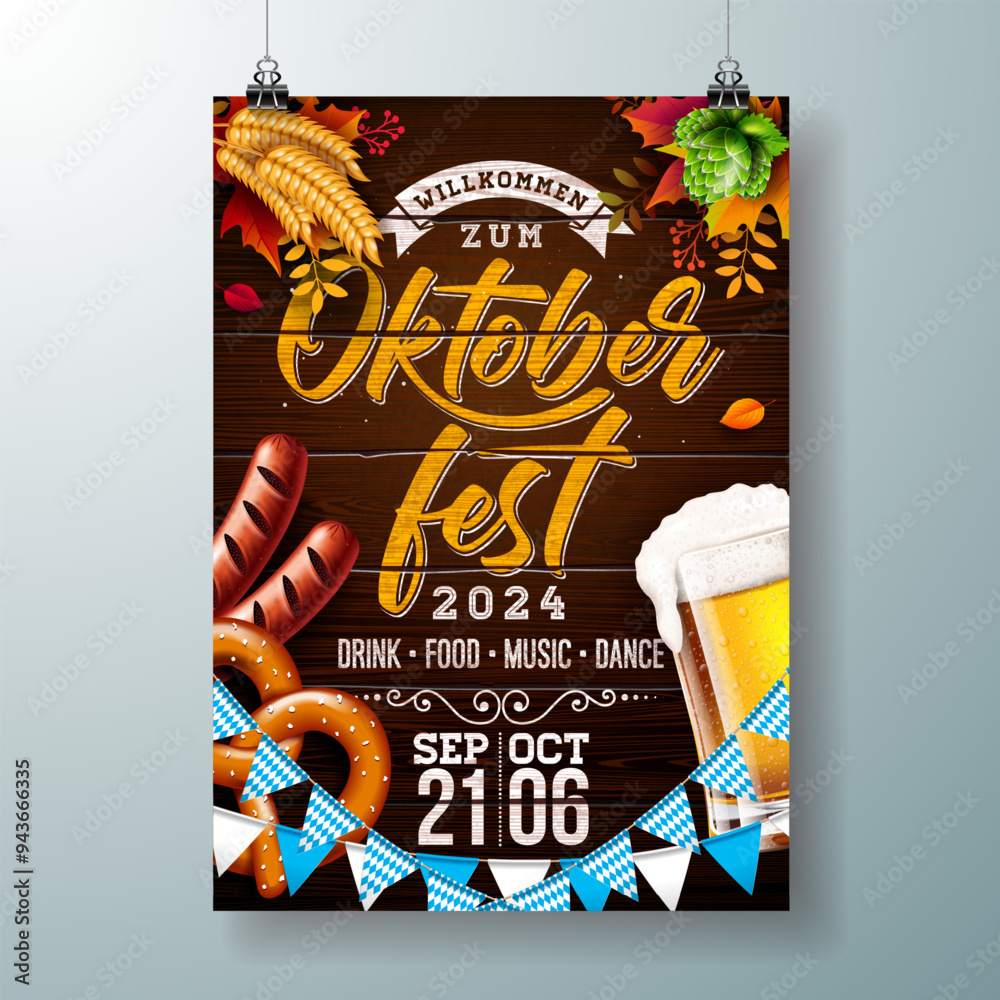 Oktoberfest Party Poster Illustration with Fresh Lager Beer, Pretzel ...