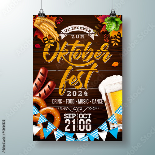 Oktoberfest Party Poster Illustration with Fresh Lager Beer, Pretzel, Sausage and Blue and White Bavaria Party Flag on Vintage Wooden Background. Vector Celebration Flyer Template for Traditional