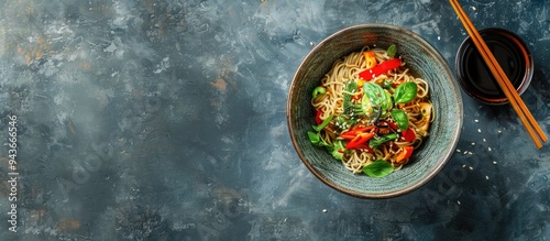 Top view of soba noodles wi...