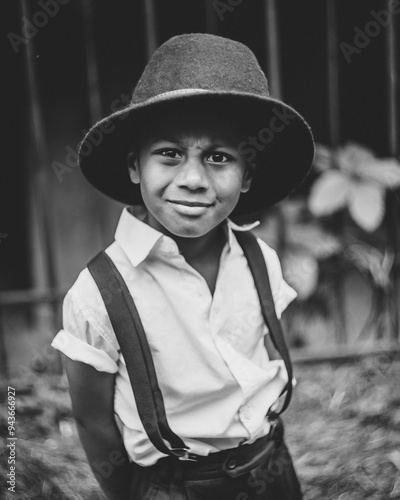 A boy in a hat and pants with suspenders makes a questioning face