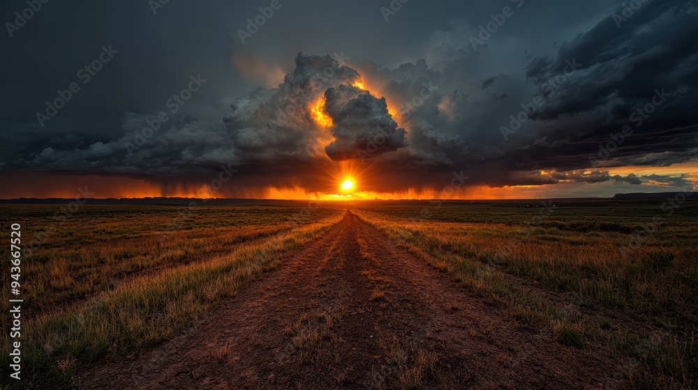 A fiery sunset lights up the sky as dark storm clouds converge over an open field, crafting a dramatic and intense scene.