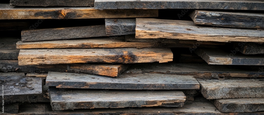 Old decayed discarded decking planks piled up side view. with copy space image. Place for adding text or design Old decayed discarded decking planks piled up side view. with copy space image. Place for adding text or design