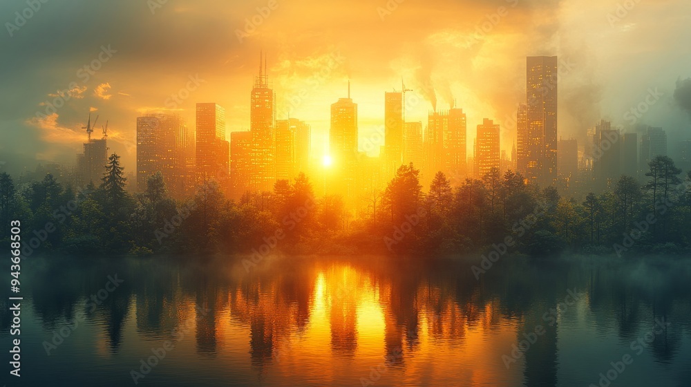 The skyline glows orange as the sun sets behind a city, reflecting on a tranquil lake surrounded by trees. The skyline glows orange as the sun sets behind a city, reflecting on a tranquil lake surrounded by trees.