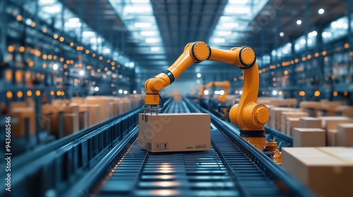 Wallpaper Mural Robotic Arm on Conveyor Handling Warehouse Boxes. Robotic arm operates on a conveyor belt, handling cardboard boxes in a large, modern, automated warehouse setting. Torontodigital.ca