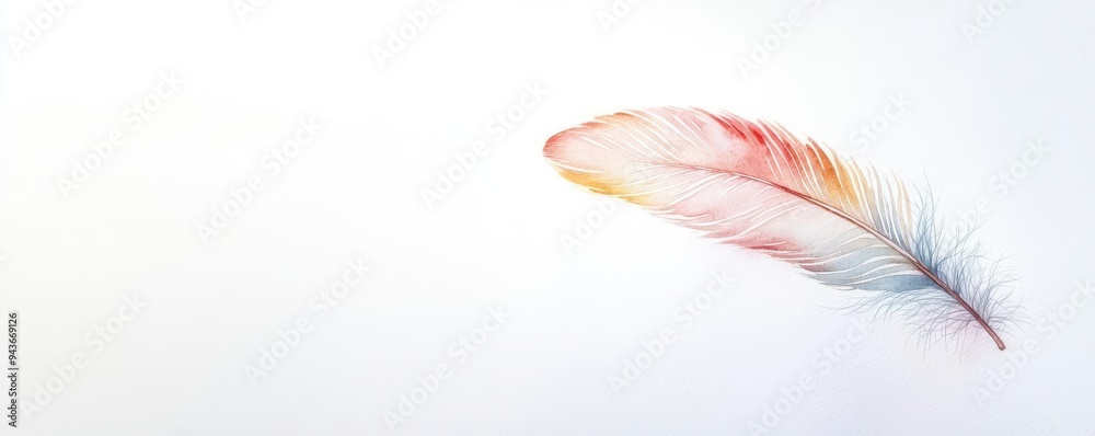 A simple, airy watercolor outline of a thin feather, with subtle shading and light tones A simple, airy watercolor outline of a thin feather, with subtle shading and light tones