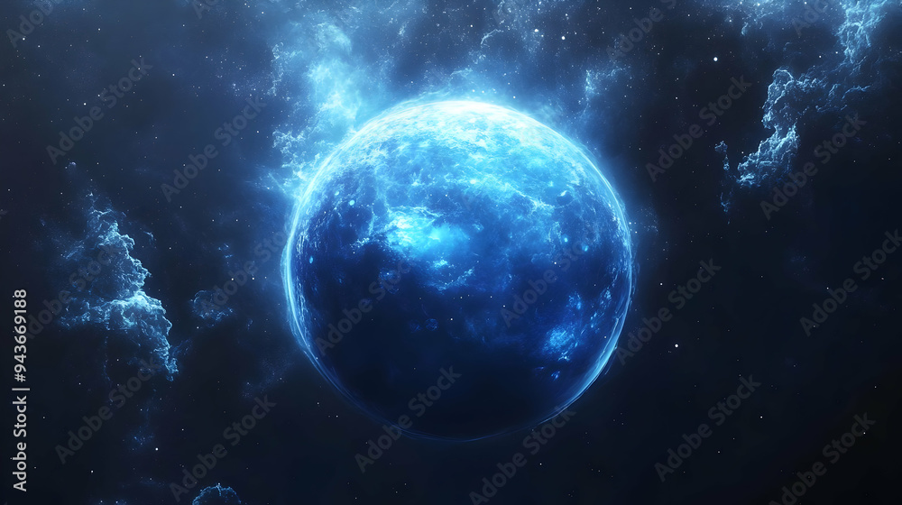 Fototapeta premium A glowing blue planet in space.