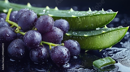 A close-up view of fresh aloe vera leaves alongside a bunch of purple grapes, capturing the translucent aloe gel and the glossy surface of the grapes