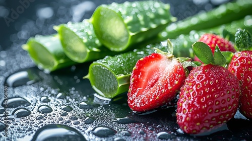 A close-up view of aloe vera gel and fresh strawberries, emphasizing the contrast between the translucent aloe and the vibrant red of the strawberries