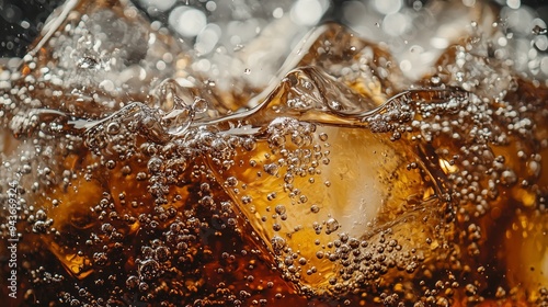 A zoomed-in view of a cola drink with ice, capturing the bubbly texture and refreshing look