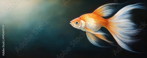 A stunning oil painting of a pet fish, with shimmering scales and flowing fins, set against a dark background