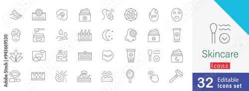 Skincare editable stroke Icon collection. containing sunscreen, wax, face roller, organic, acne , skin, pores and more icon style