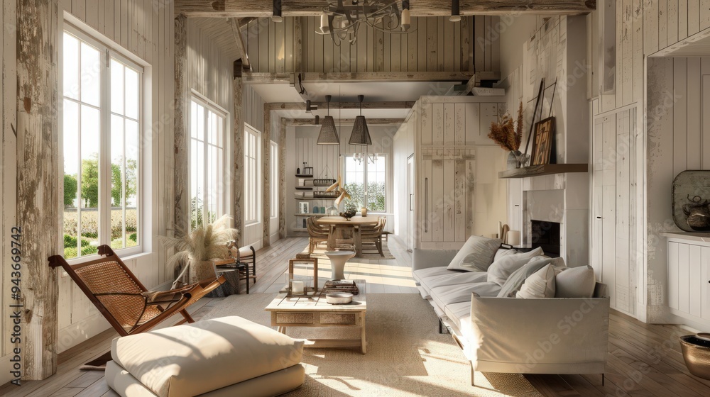 Explain how to use neutral color palettes to enhance the rustic charm of farmhouse interiors