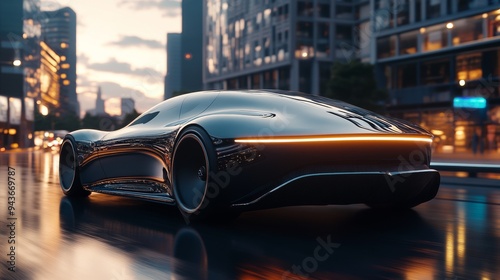 A futuristic car is parked on a city street