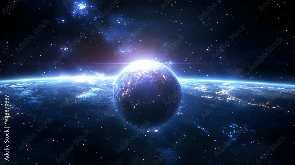 A glowing Earth seen from space with a starry sky and a bright sunrise behind it. A glowing Earth seen from space with a starry sky and a bright sunrise behind it.