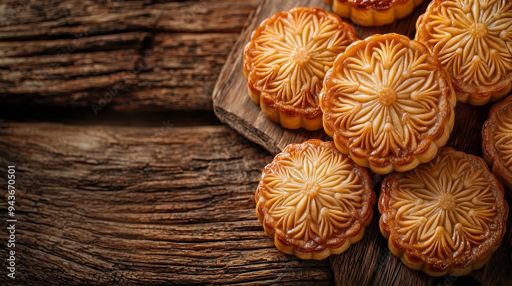 Close-up of traditional mooncakes with intricate designs placed on a rustic wooden board, showcasing detailed craftsmanship. Close-up of traditional mooncakes with intricate designs placed on a rustic wooden board, showcasing detailed craftsmanship.