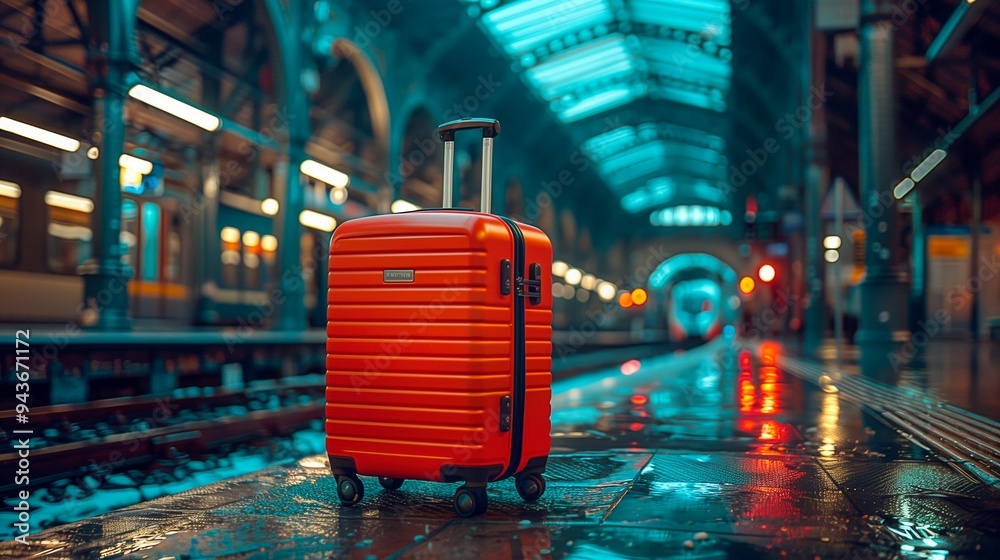 Bright orange suitcase on a wet train platform in early evening, travel advertise, tourism advertising, copy space for text, tour advert Bright orange suitcase on a wet train platform in early evening, travel advertise, tourism advertising, copy space for text, tour advert