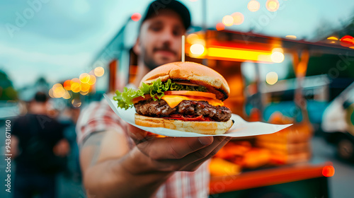 A man presenting a large, juicy burger in front of a food truck, with soft edges and a blurred background creating a lively, contemporary scene