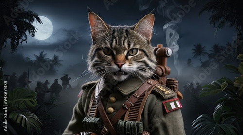 Smokey 4K wallpaper background with military theme featuring a cat in army uniform isolated blur background